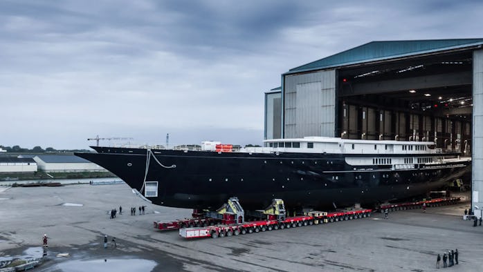 Jeff Bezos Oceanco Y721 superyacht under construction being taxied into storage hanger