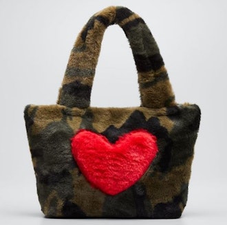 Camo-Print Heart Faux-Fur Tote Bag
