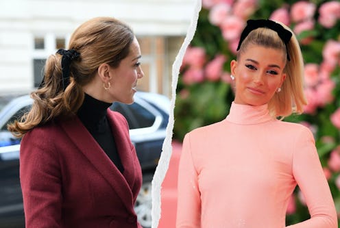 Kate Middleton and Hailey Bieber wearing the hair bow trend.