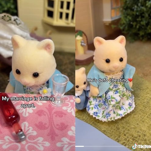 Screenshot of cat toy acting out scene in Sylvanian Drama on TikTok