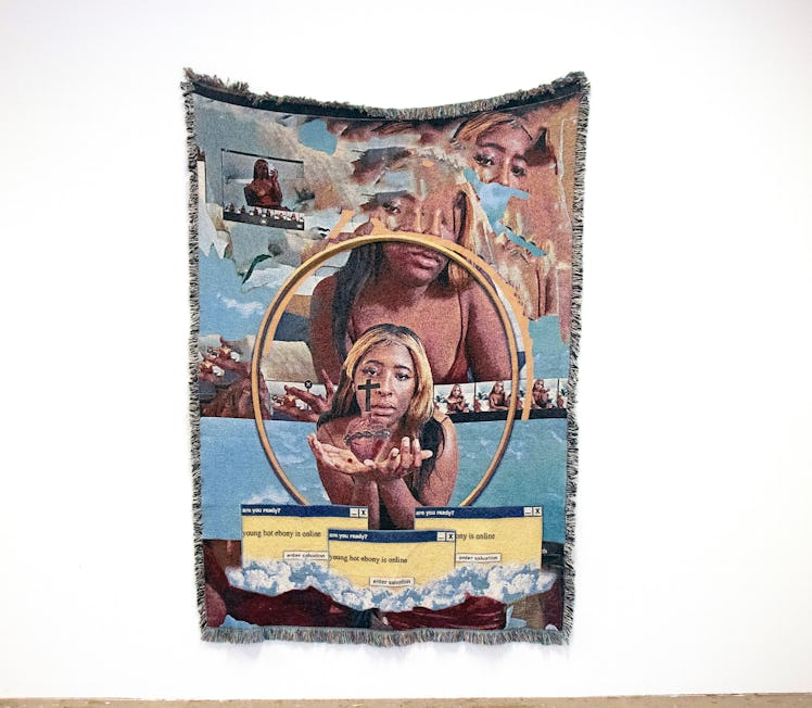 qualeasha wood tapestry blowing kiss with halo surrounding