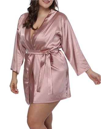 ALLEGRACE Plus Size Satin Kimono Robe