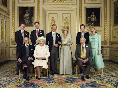 Prince Charles and Camilla's Wedding Portrait with Queen Elizabeth, Prince Philip, Prince William an...