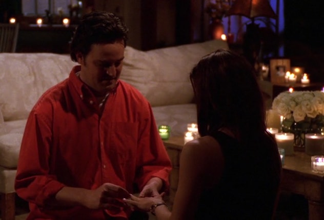 Still from "Friends"; Monica and Chandler engagement, friends quotes about love
