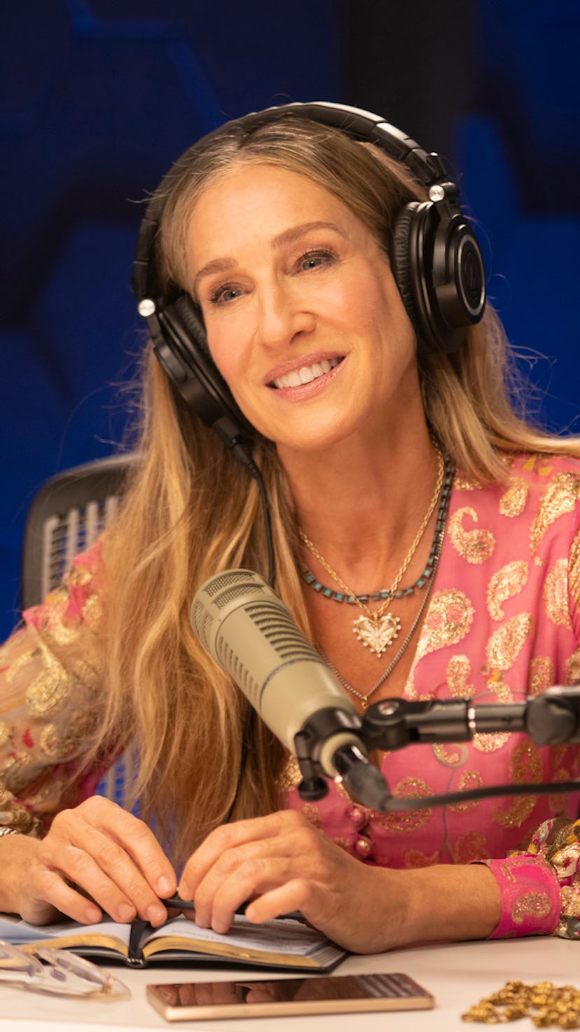 Sarah Jessica Parker as Carrie Bradshaw hosting her own podcast on "And Just Like That" episode 10.