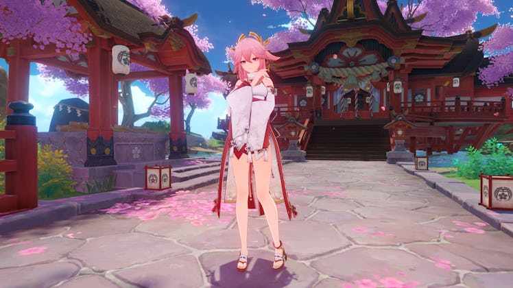 Genshin Impact Yae Miko standing outside the Narukami shrine.