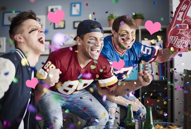 Three male football fans cheering with confetti and falling hearts.