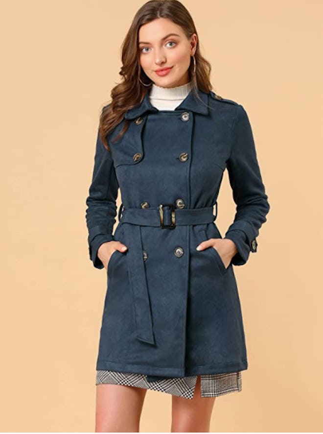 Allegra K Faux Suede Trench Coat with Belt
