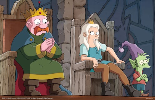 John DiMaggio as King Zog, Abbi Jacobson as Bean, and Nat Faxon as Elfo in 'Disenchantment' Part 4 v...
