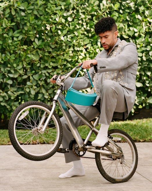 Bad Bunny riding a bike in his Jacquemus campaign