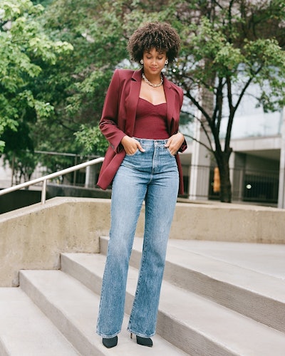 Woman modeling burgundy blazer