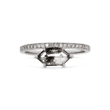 hexagonal salt and pepper diamond engagement ring
