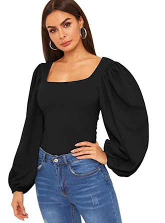 Romwe Long Puff Sleeve Square Neck Top