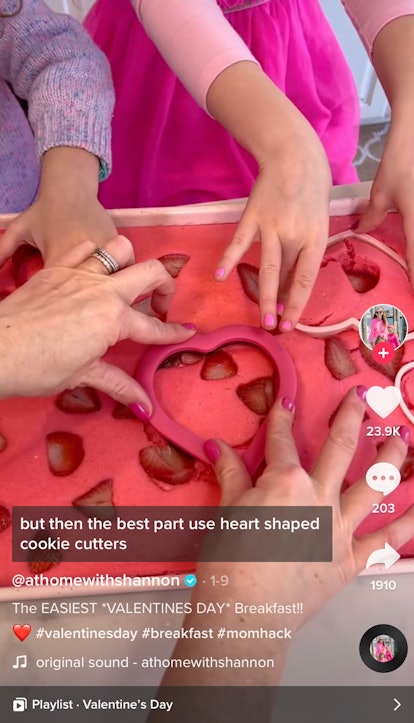 A TikToker shows how to make heart-shaped pancakes as a Valentine's Day breakfast idea on TikTok. 