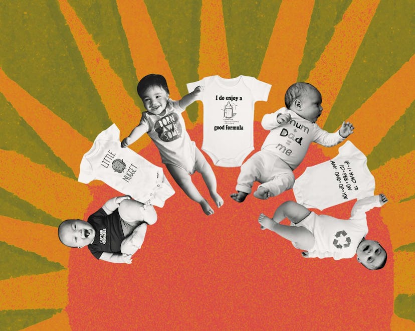 Three babies wearing novelty onesies with three more novelty onesies beside each baby