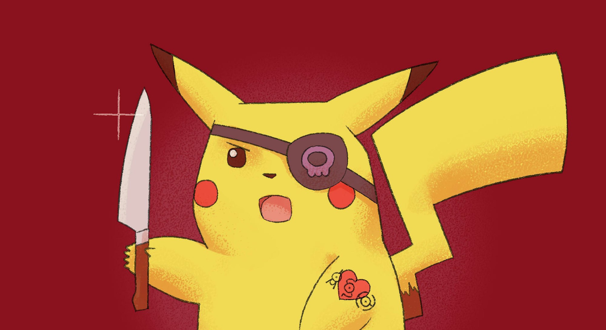 a tough pikachu with an eyepatch and knife