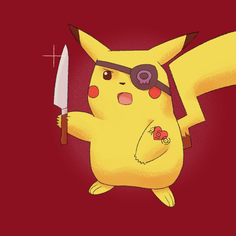 a tough pikachu with an eyepatch and knife