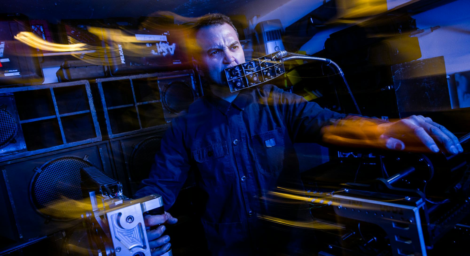 Tristan Shone aka Author & Punisher in his garage in San Diego