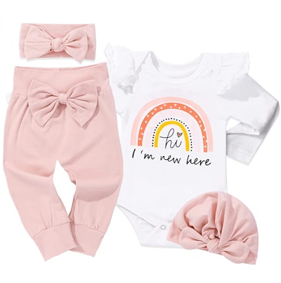 WIQI Newborn Infant Baby Girl 4PCS Clothes Romper Pants Set in White & Pink