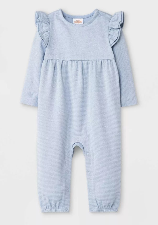 flat lay of blue baby romper