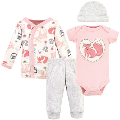 flat lay of four-piece preemie baby clothing set; onesie, longsleeve shirt, pants, and hat