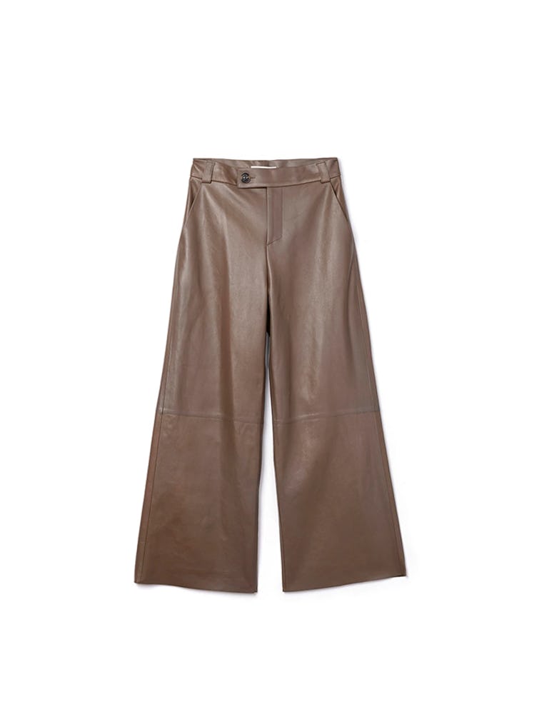 AERON brown wide-leg leather pants.