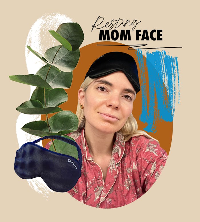 Resting mom face logo next to a woman wearing a high-tech silk eye mask