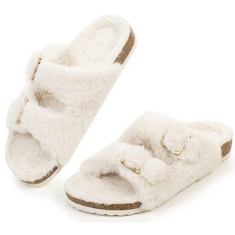 FITORY Faux Fur Cork Slide Sandals
