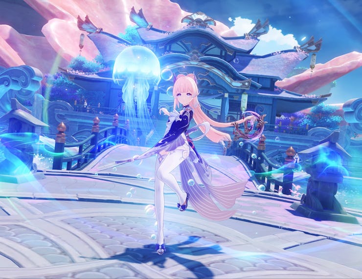 Genshin Impact Kokomi outside the Sangonomiya Shrine.