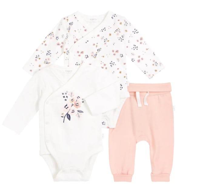 flat lay of three-piece baby set; two tops and one pair of pants
