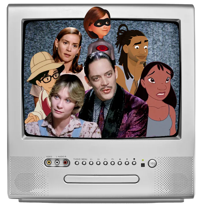 An old tv with lots of kids movie characters sharing the screen together