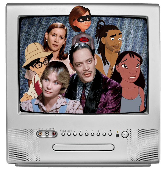 An old tv with lots of kids movie characters sharing the screen together