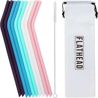 Flathead Products Reusable Silicone Drinking Straws with Travel Case & Cleaning Brush (10 Pack)