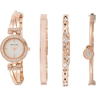 Anne Klein Crystal Accented Rose Gold Bangle Watch and Bracelet Set