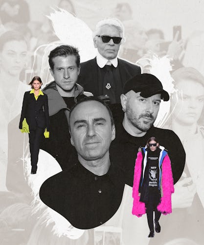 A collage with different creative directors at luxury brands and two models on a runway