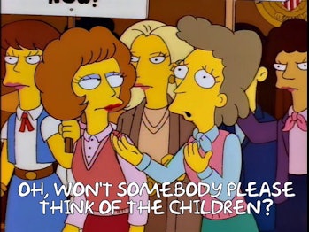 The Simpsons screenshot of Helen Lovejoy saying "Won't someone please think of the children?"