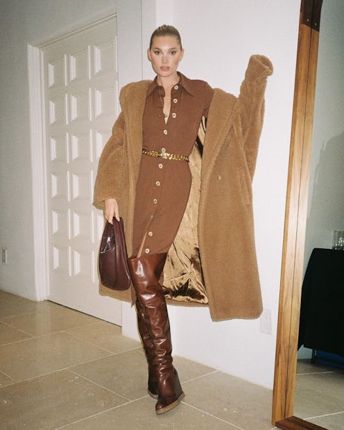 brown teddy coat over brown dress
