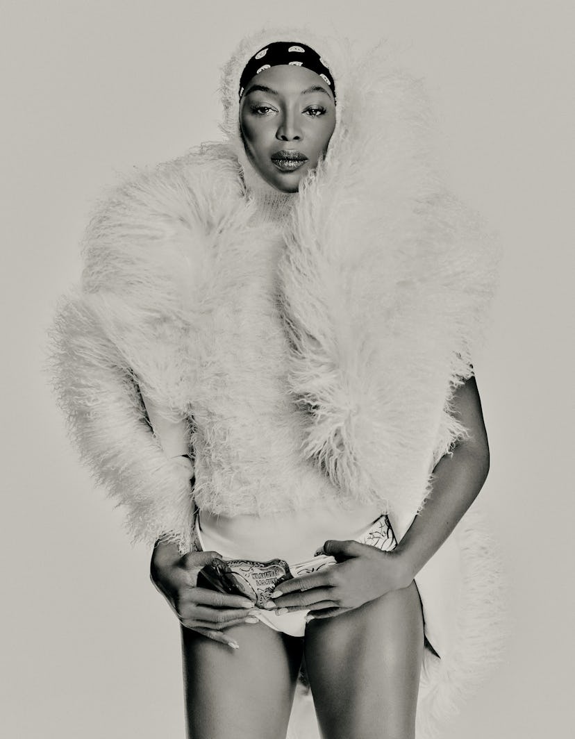 Naomi Campbell wearing a shearling vest
