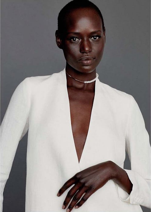 A model wearing Mateo New York's Not Your Mother Pearls necklace.