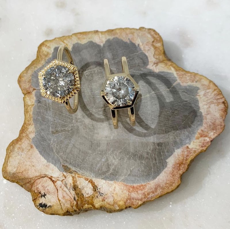 two salt and pepper diamond engagement rings by Anna Sheffield
