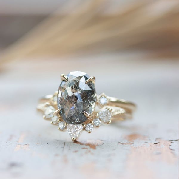 a rose cut oval salt and pepper diamond engagement ring by Ken and Dana Design