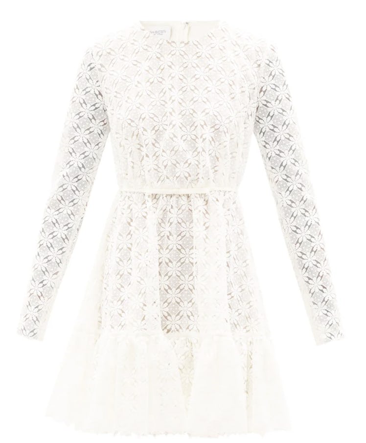 Giambattista Valli's White Gathered-Hem Macramé-Lace Mini Dress.