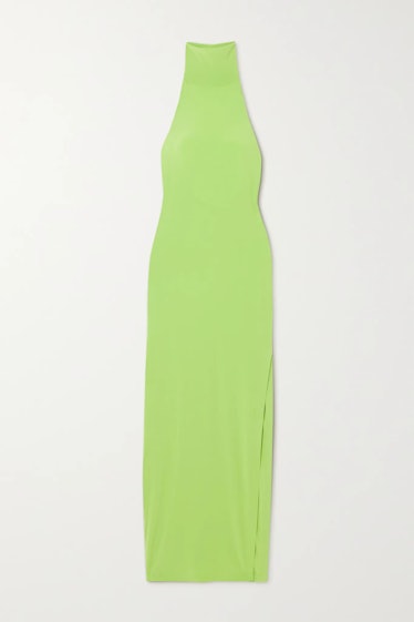 Non-Maternity Dress Brands Norma Kamali green halter stretch jersey midi