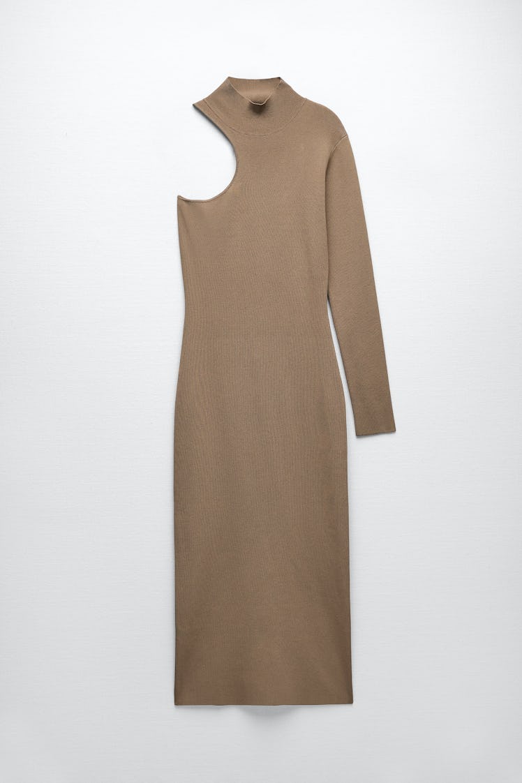 Non-Maternity Dress Brands Zara beige asymmetric knit midi