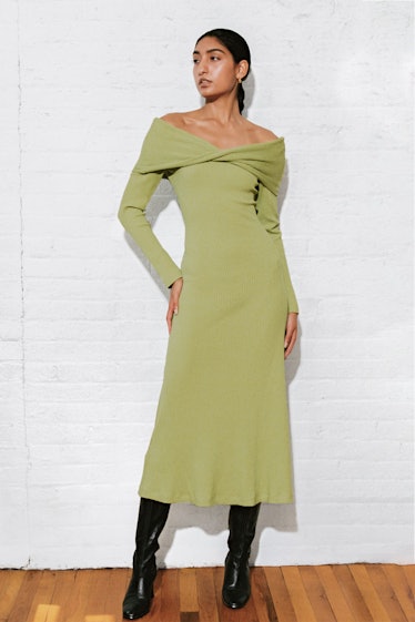 Non-Maternity Dress Brands Mara Hoffman green knit off-the-shoulder midi