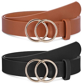 SANSTHS Faux Leather Double O-Ring Belts (2-Pack)