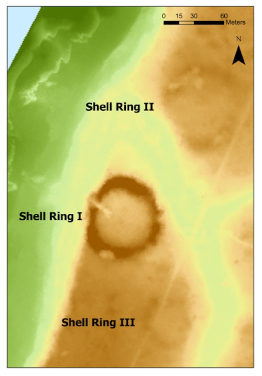 A graphic illustrating the three shell ring villages on Sapelo Island. 