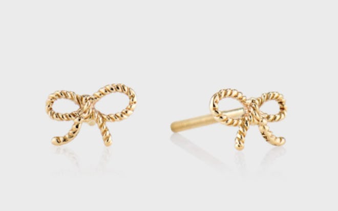 Gold Bow Earrings are the best hypoallergenic baby earrings with safety backs