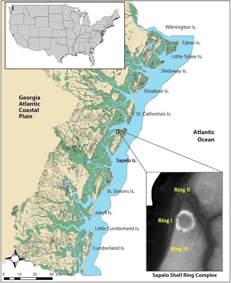 Map of the Georgia coast showing the location of Sapelo Island and shell rings.