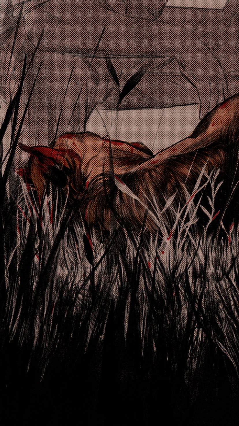 Illustration of men looking over a dead and mutilated horse